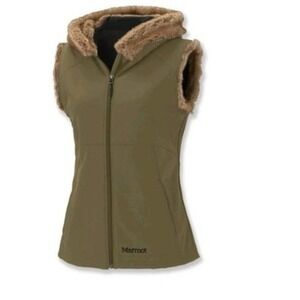 Green Women's Marmot Furlong Vest Fur Lines Hood Size Large EUC